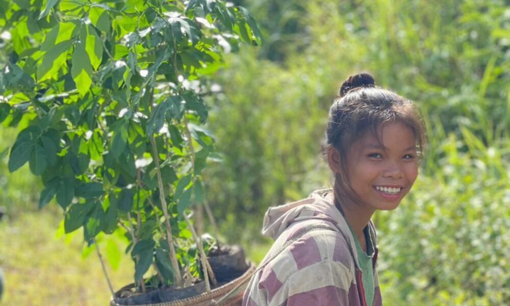 Young girl carrying seedling on her back and smiling in Laos