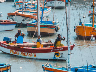 3 men in a small fishing boat on the water surrounded by other unmaned fishing boats