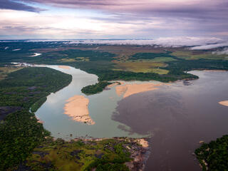 Aerial photo of Orinoco River and tepui of Colombia.