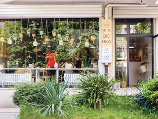 Bulgaria restaurant window with hanging plants