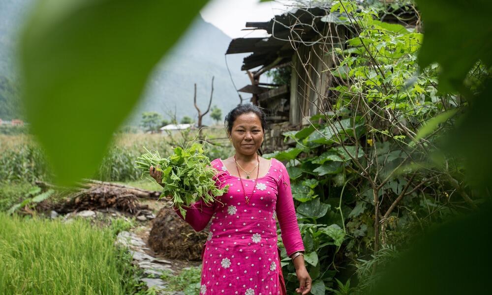 A woman dressed in all pink stands in front of a large mountain holding a bunch of green vegetables and looks at the camera