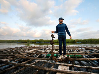 Man stands on dock holding string of oysters